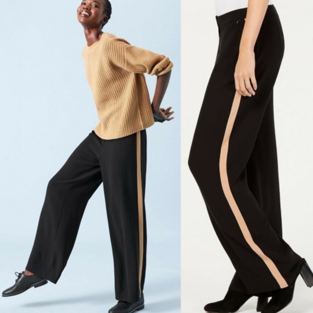 Eileen Fisher petite black silk dress pants with tan stripe Size 8P